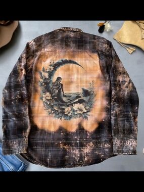 Hand-bleached Flannel Shirt with Moon Mermaid Graphic - Black & Rust